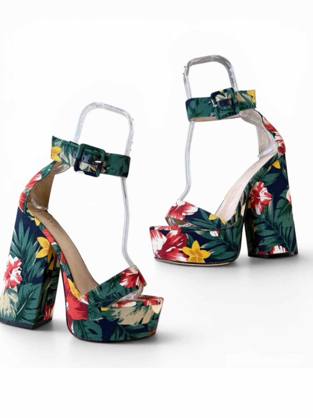 RAYE - Navy Vibrant Tropical Hibiscus Platform Sandals. Size 8 - Picture 4 of 9